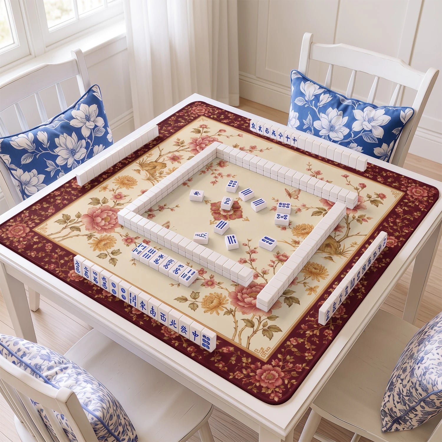 Garnet Peony mahjong mat with tiles and racks on the table