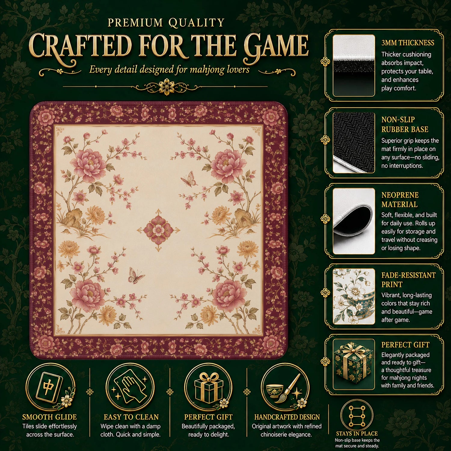 Garnet Peony Mahjong Mat – neoprene mah jongg table mat