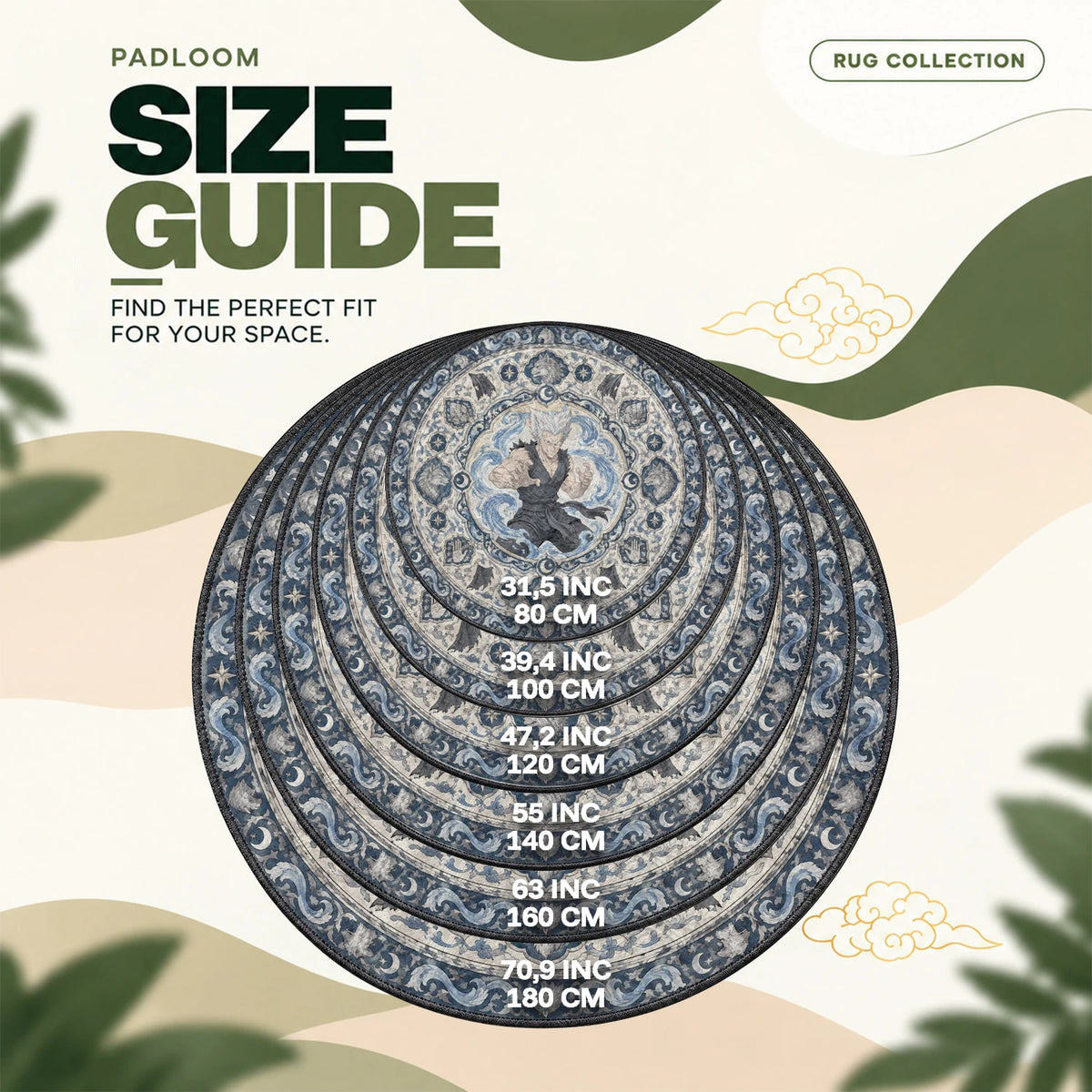 Garou Wave round rug size guide, 80 to 180 cm (31.5 to 70.9 in)