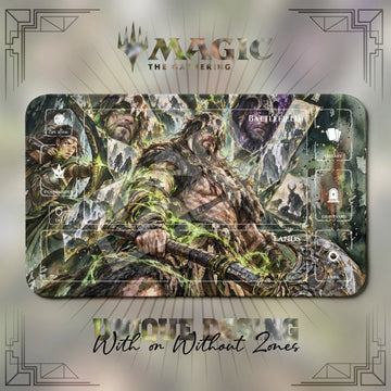 Garruk Shattered MTG playmat, gray and yellow art with play zones, 24 x 14 in