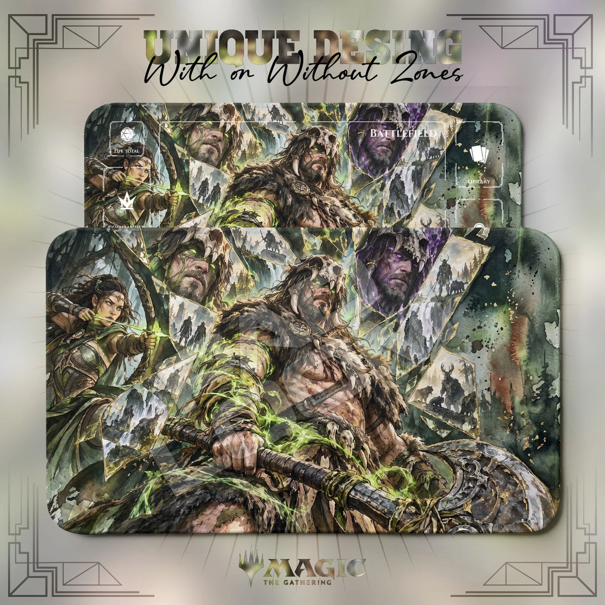 Garruk Shattered MTG playmat shown with zones and without zones