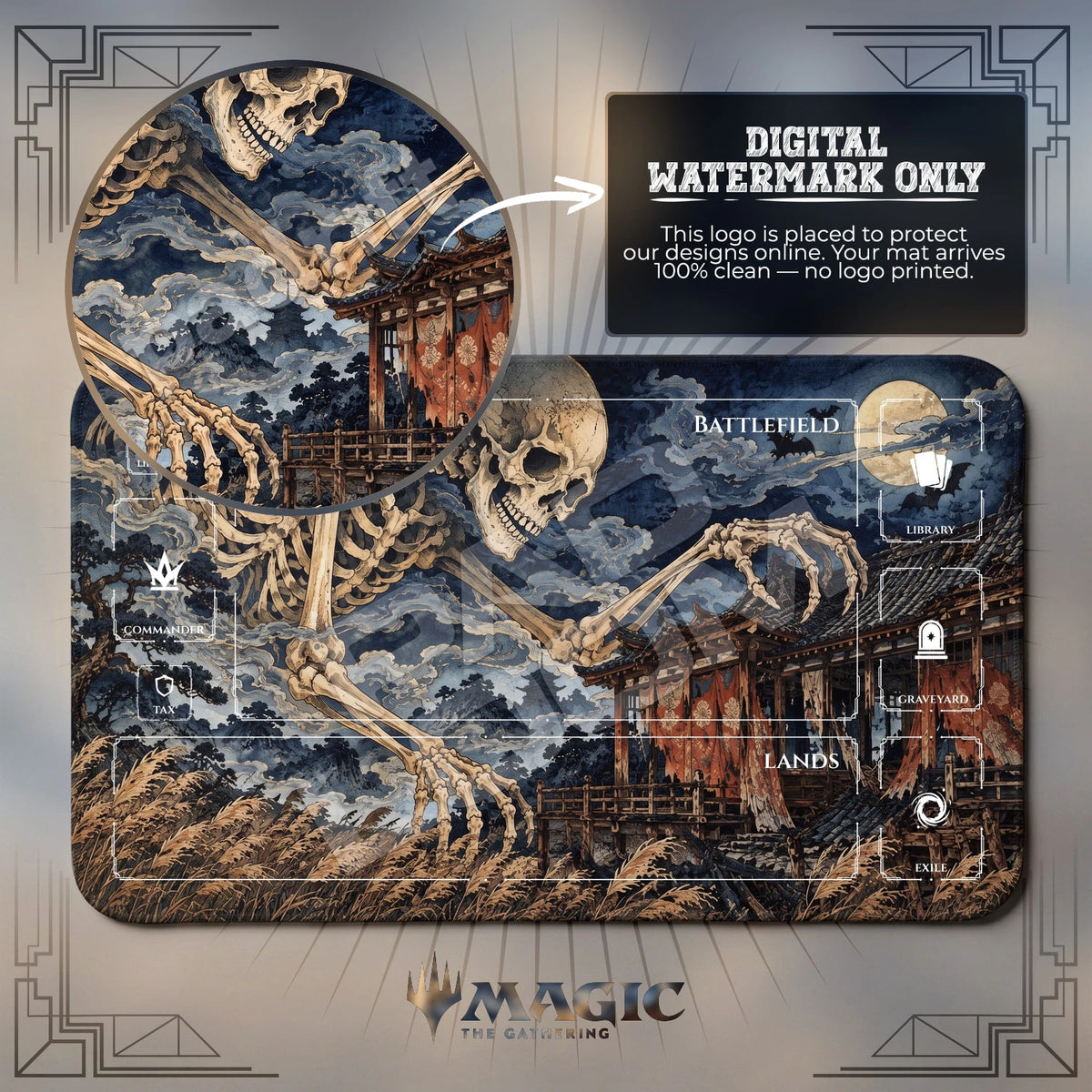 Gashadokuro Skeleton MTG playmat with zones; the Padloom watermark is digital only, not printed