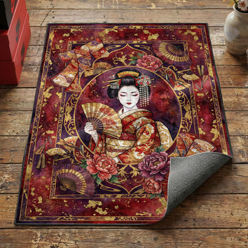 Japanese geisha area rug with woman in red kimono holding golden fan with peonies and parasol