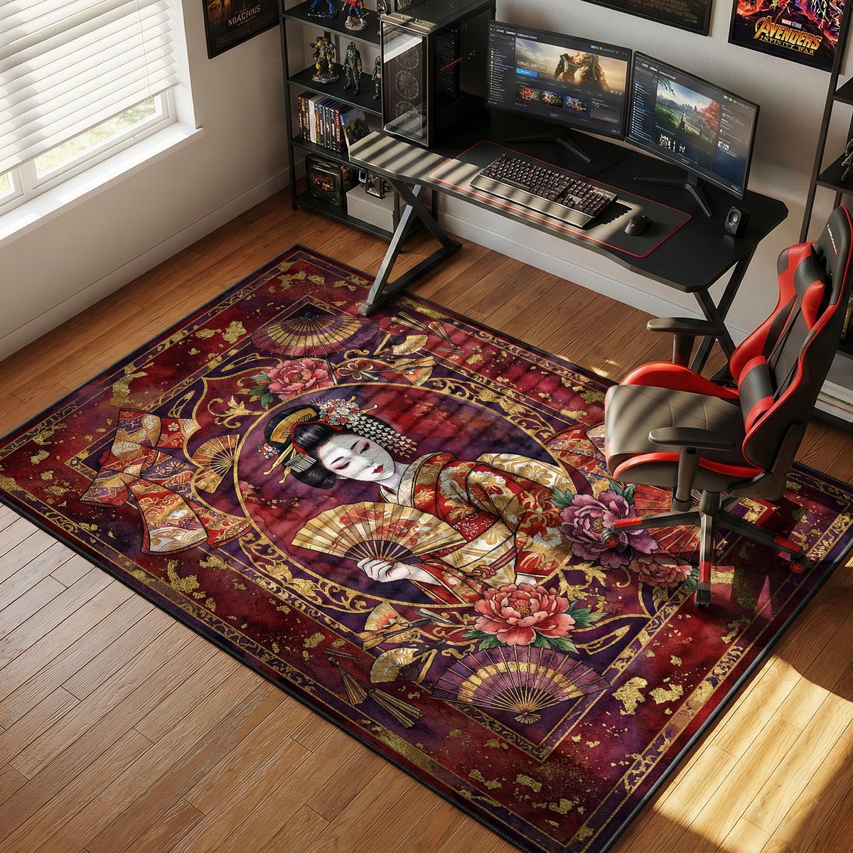 Geisha fans rug placed in a warm dressing room with dark wood vanity and paper lanterns
