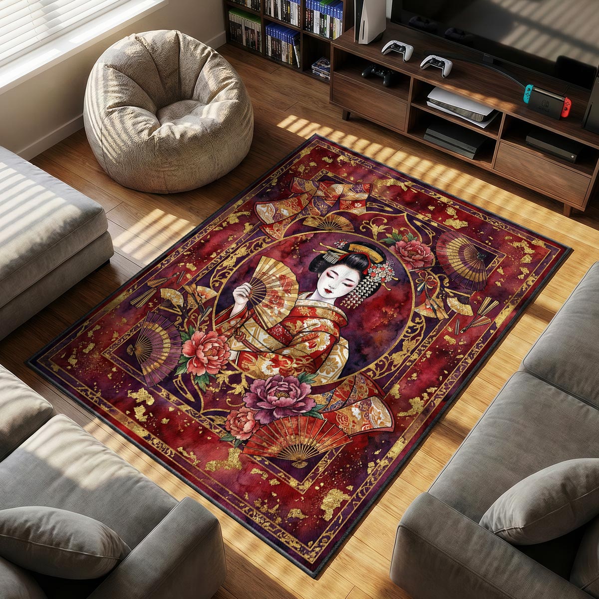 Close-up of geisha rug showing kimono pattern detail and gold leaf texture on velvet surface