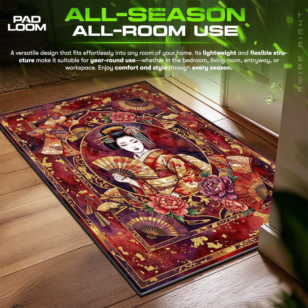 Geisha & Golden Fans Rug — Japanese Art Area Rug