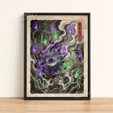 Gengar Grinning Pokemon poster - framed canvas wall art in a black frame