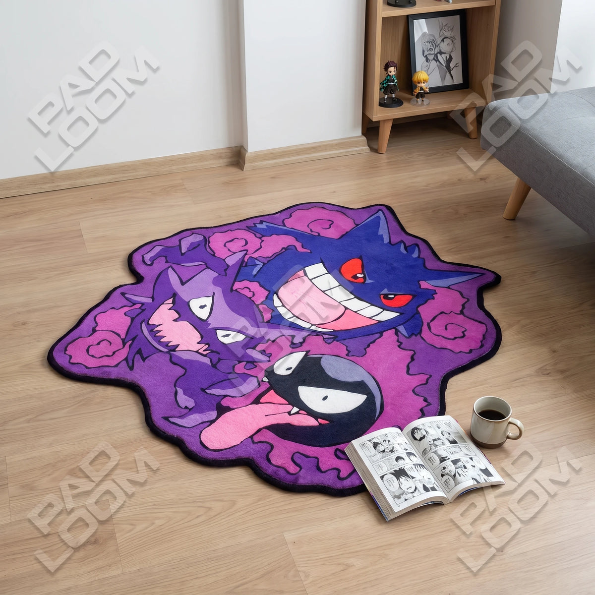 Gengar Haunter Gastly shaped rug shown in a room setting