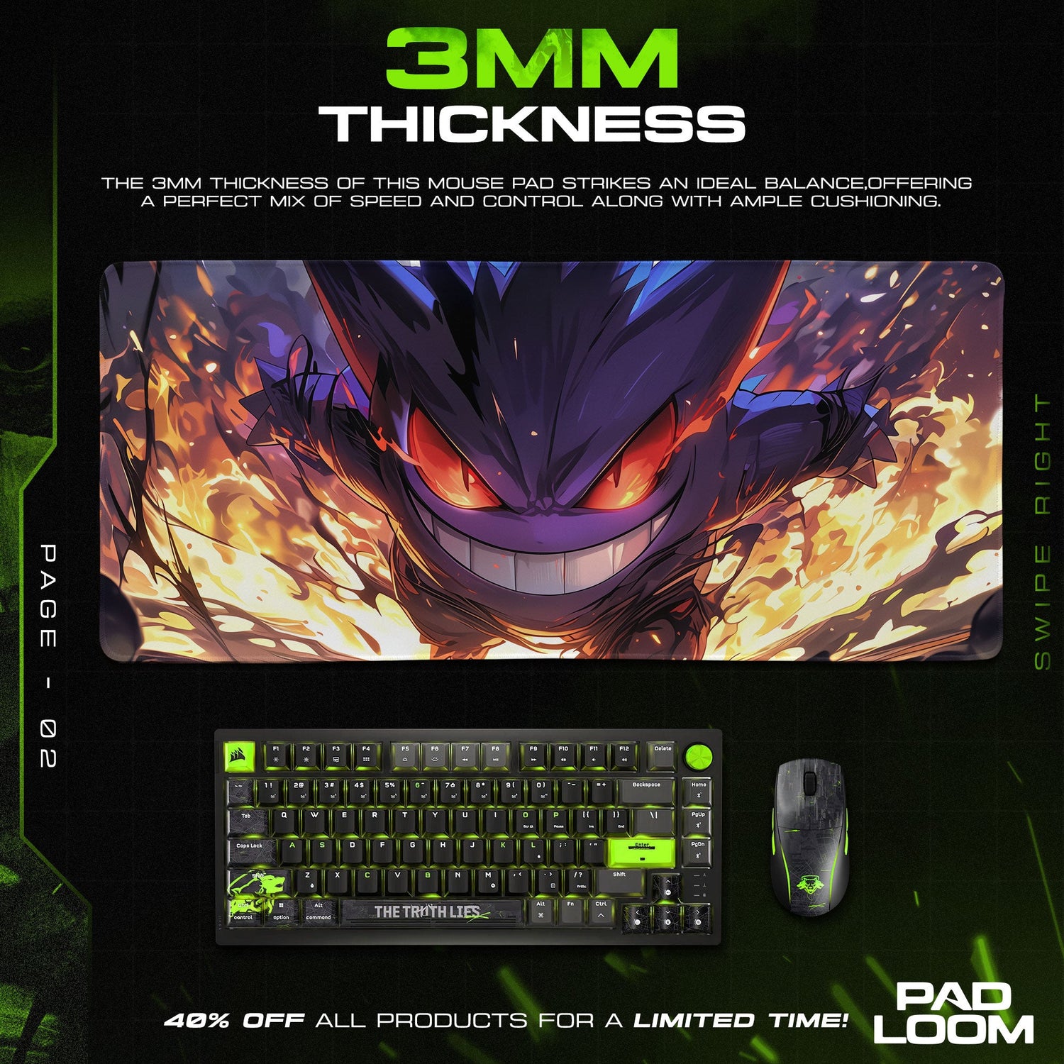 Gengar Inferno Charge Mouse Pad, Pokémon Shadow Fire Gaming Desk Mat Padloom