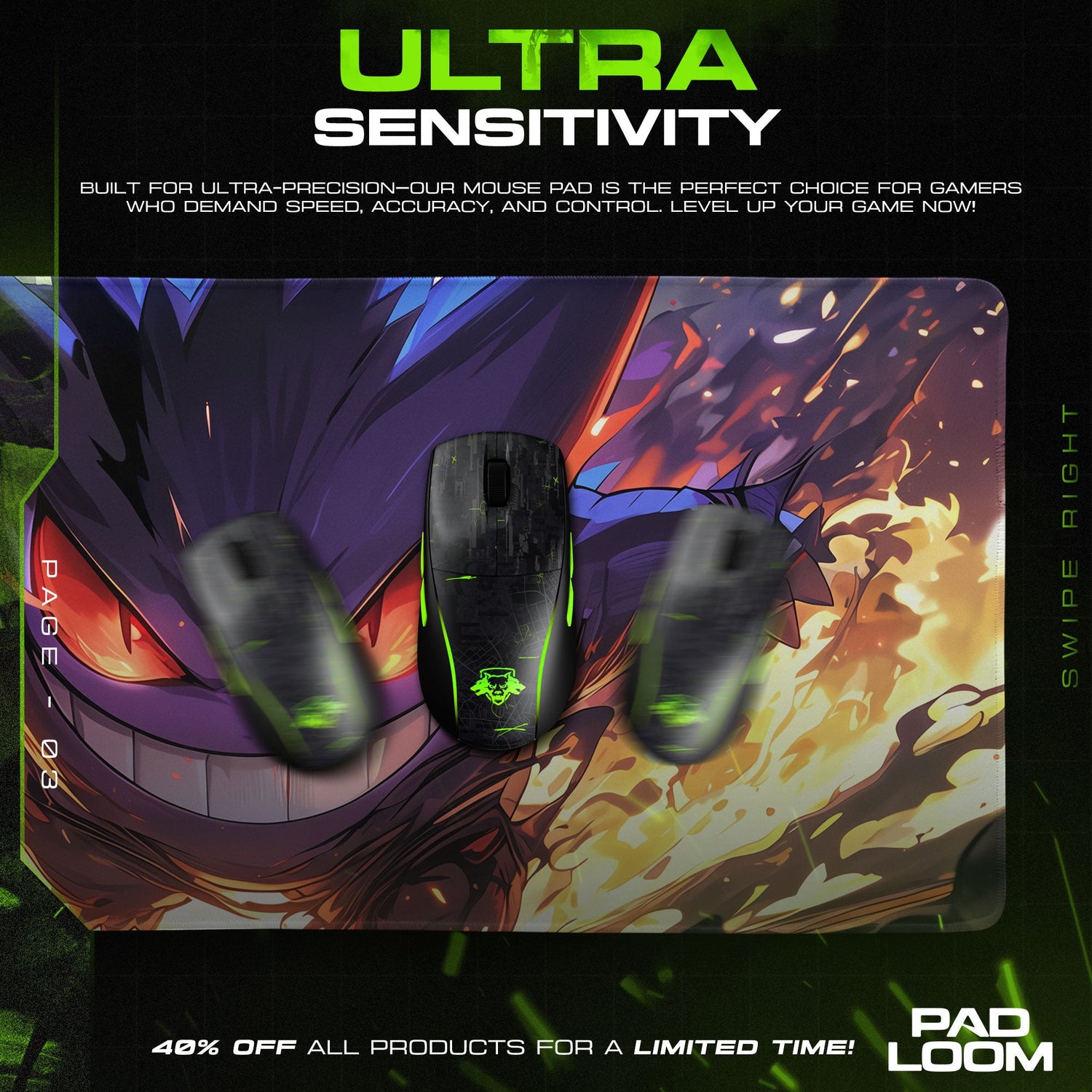 Gengar Inferno Charge Mouse Pad, Pokémon Shadow Fire Gaming Desk Mat Padloom