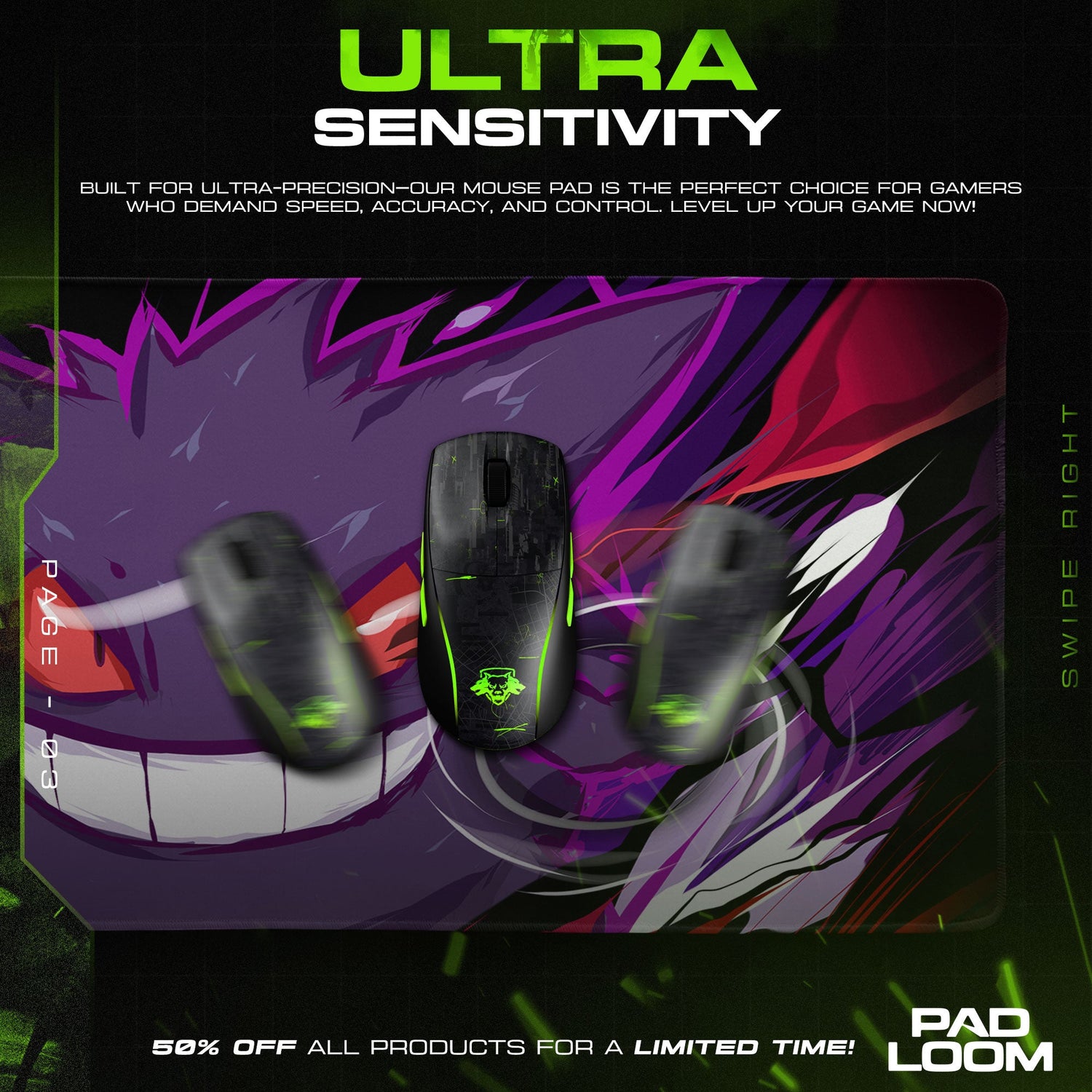 Gengar Mouse Pad, Pokémon Shadow Grin Gaming Desk Mat Padloom