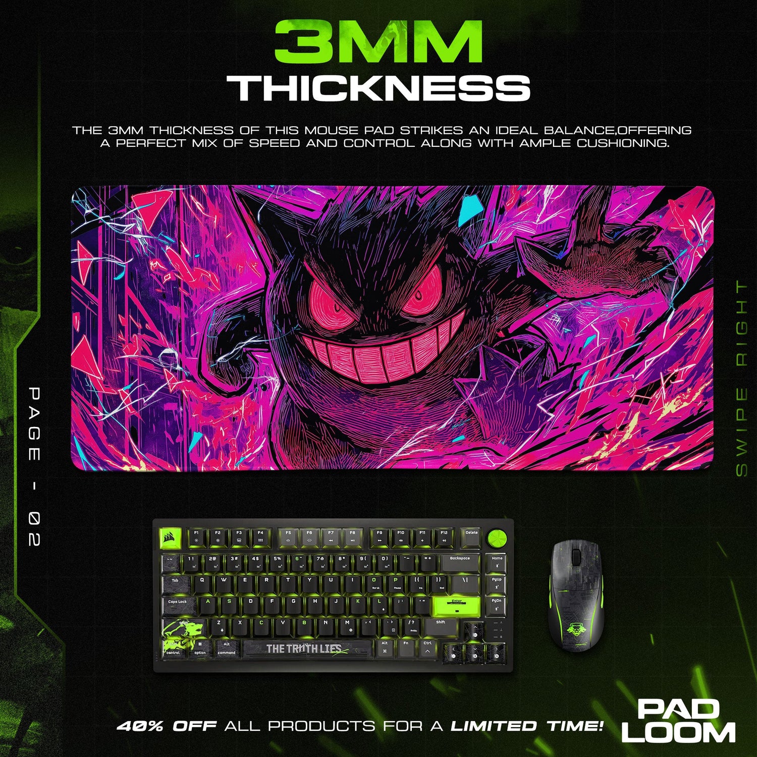 Gengar Neon Trickster Mouse Pad, Pokémon Gaming Desk Mat Padloom