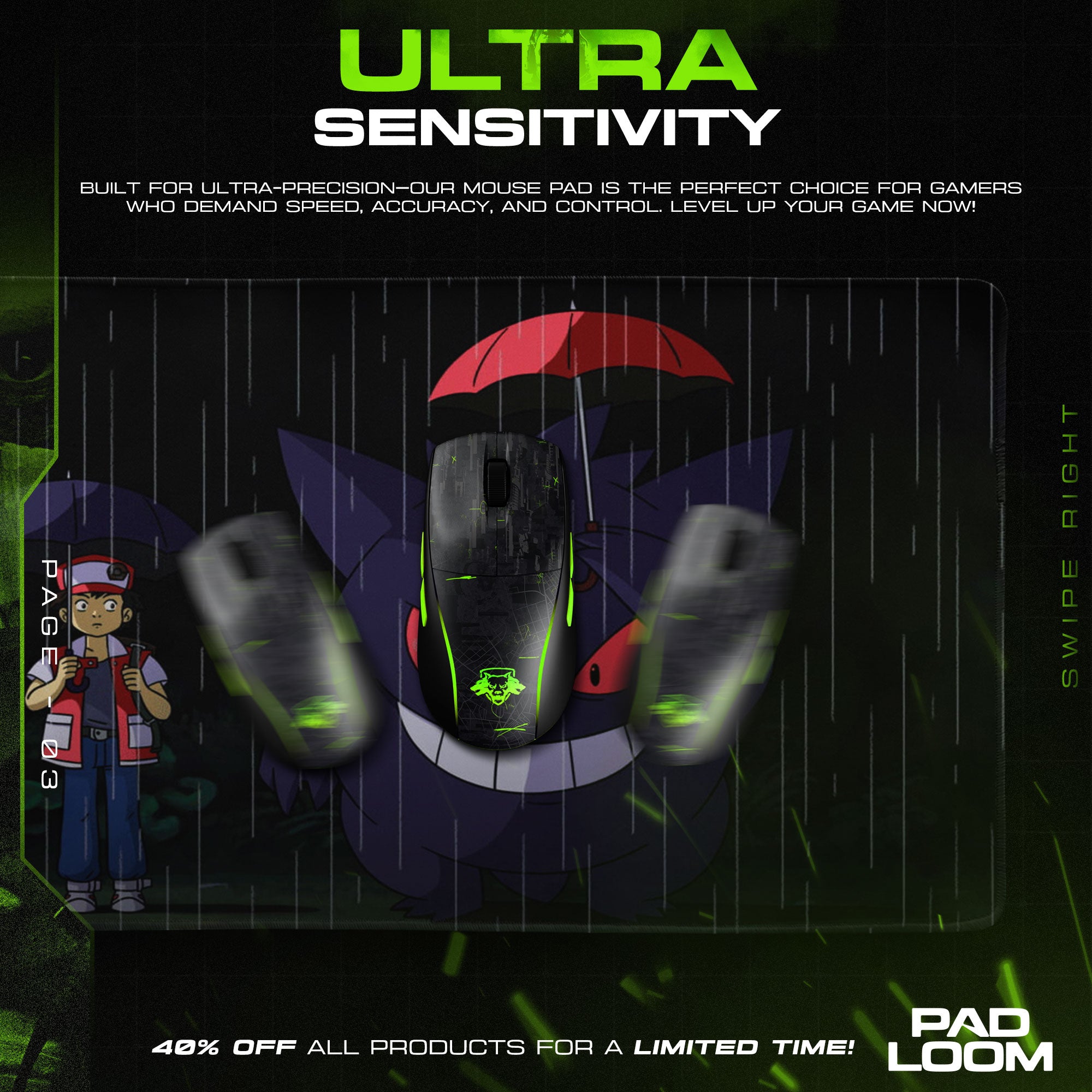 Gengar Rain Scene Mouse Pad, Ghost-Type Gaming Desk Mat