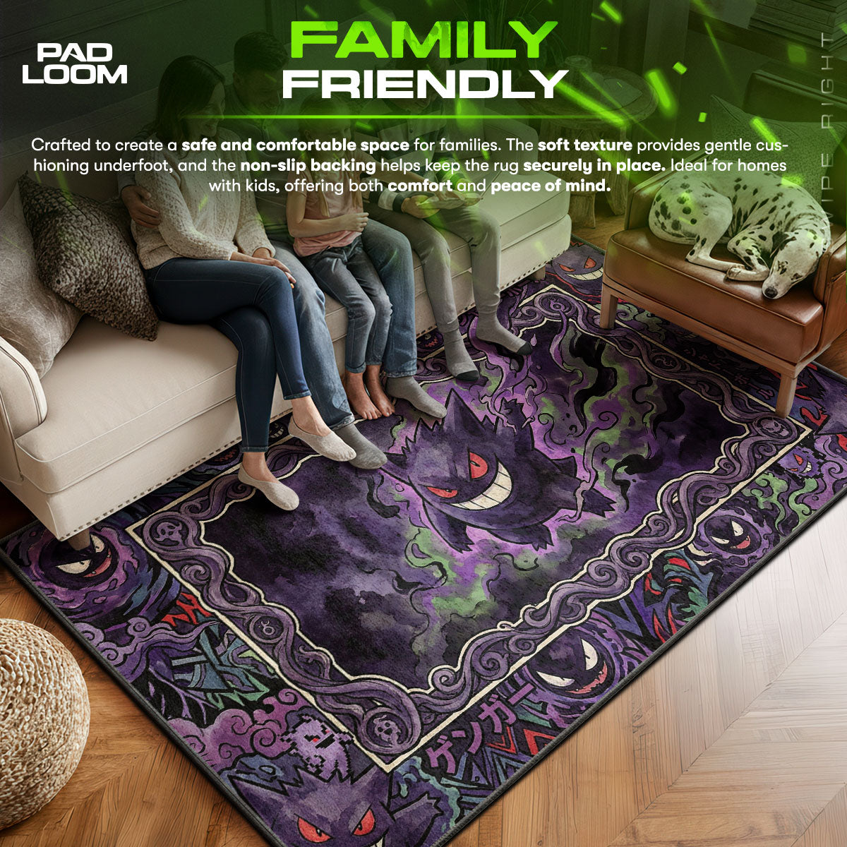 Gengar area rug showing full home decor artwork