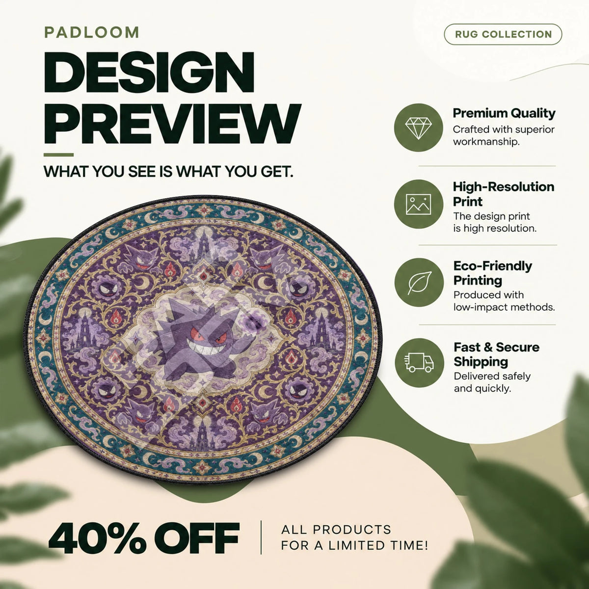 Gengar Shadow Pokemon round rug full design preview