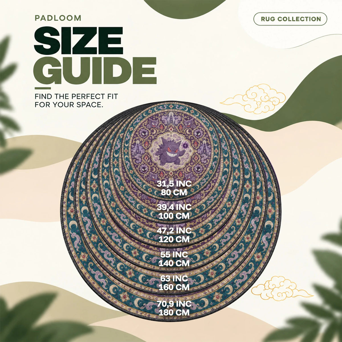 Gengar Shadow round rug size guide, 80 to 180 cm (31.5 to 70.9 in)