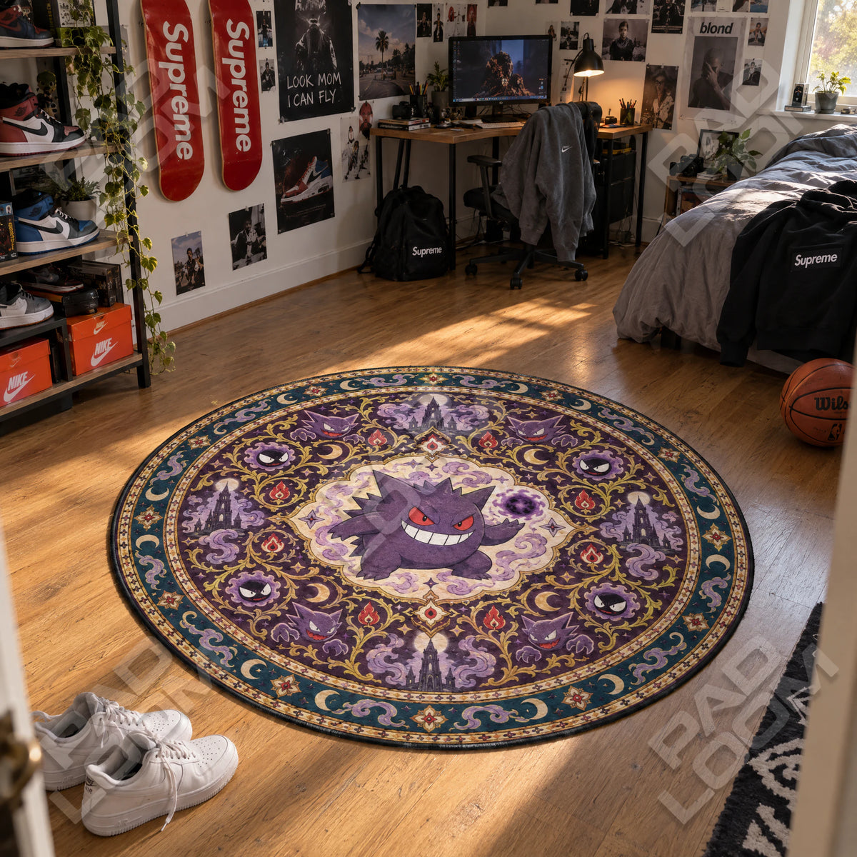 Gengar Shadow round rug shown in a styled room - Pokemon area rug
