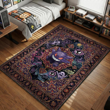 Gengar and ghost Pokemon floating in purple smoke with ornate borders watercolor style area rug and floor mat