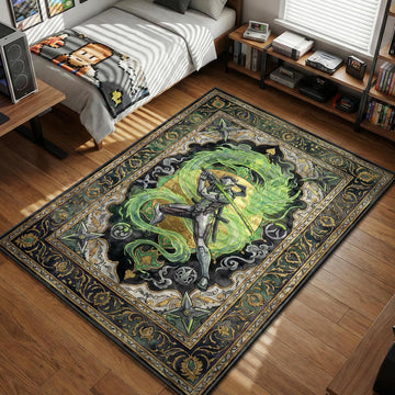 Genji from Overwatch wielding katana with green dragon spirit in art nouveau style gaming area rug and floor mat