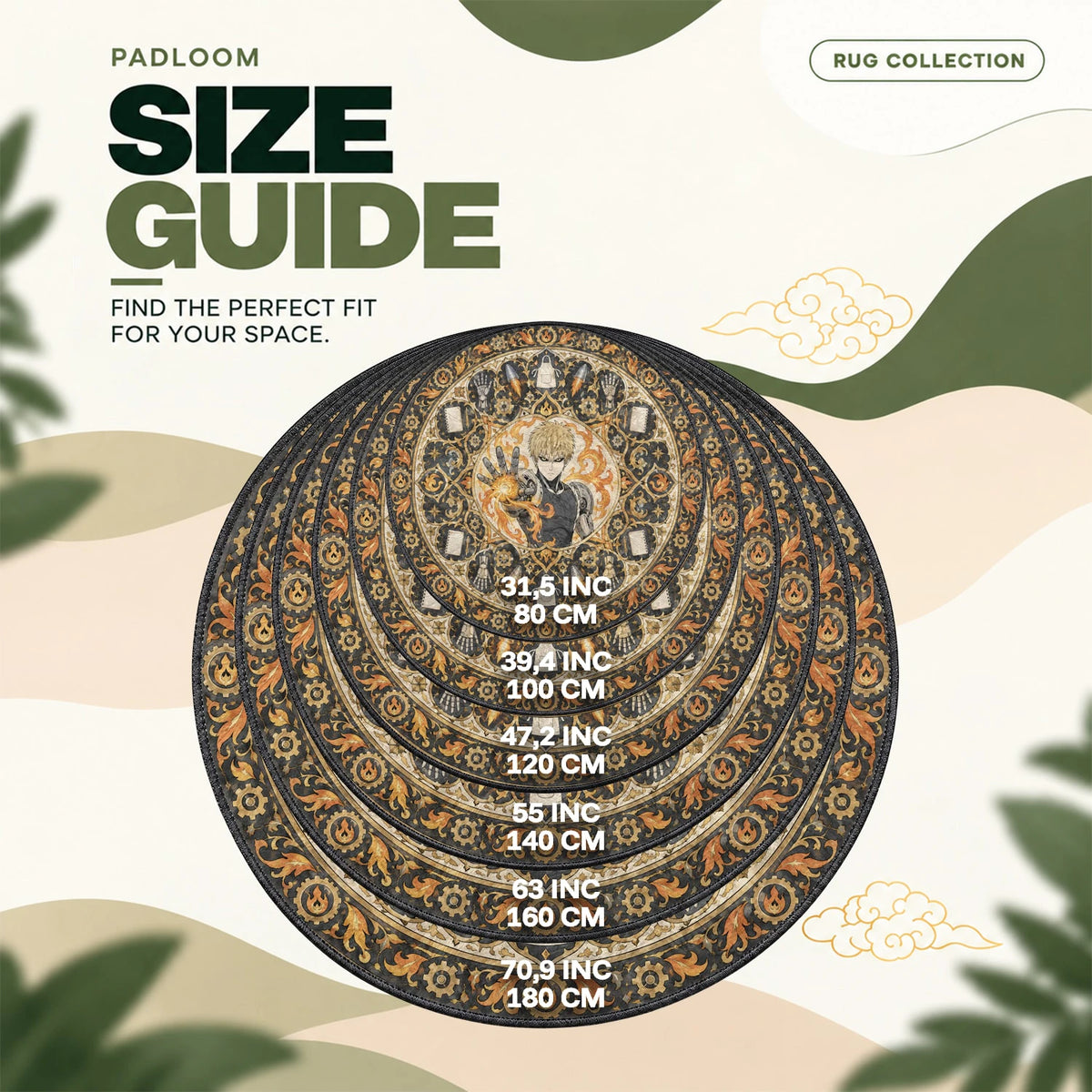 Genos Flame round rug size guide, 80 to 180 cm (31.5 to 70.9 in)