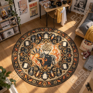 Genos Flame One Punch Man round rug on a bedroom floor - One Punch Man chair mat