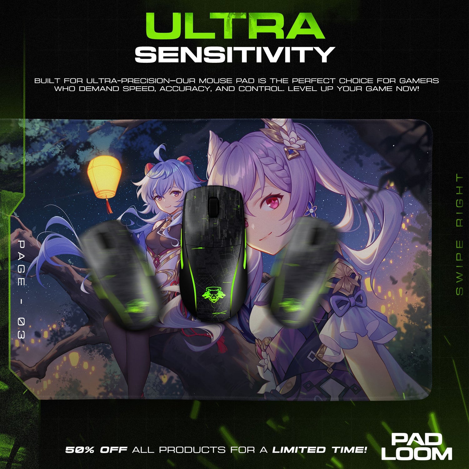 Genshin Impact Ganyu & Keqing Moonlight Mouse Pad, Anime Gaming Desk Mat Padloom