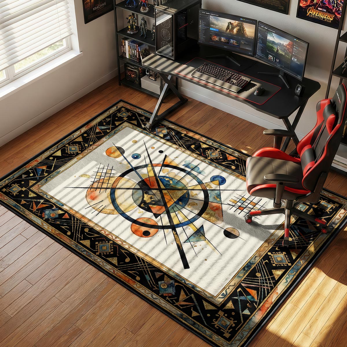 Abstract geometric rug placed in a modernist living room with Bauhaus furniture and clean walls
