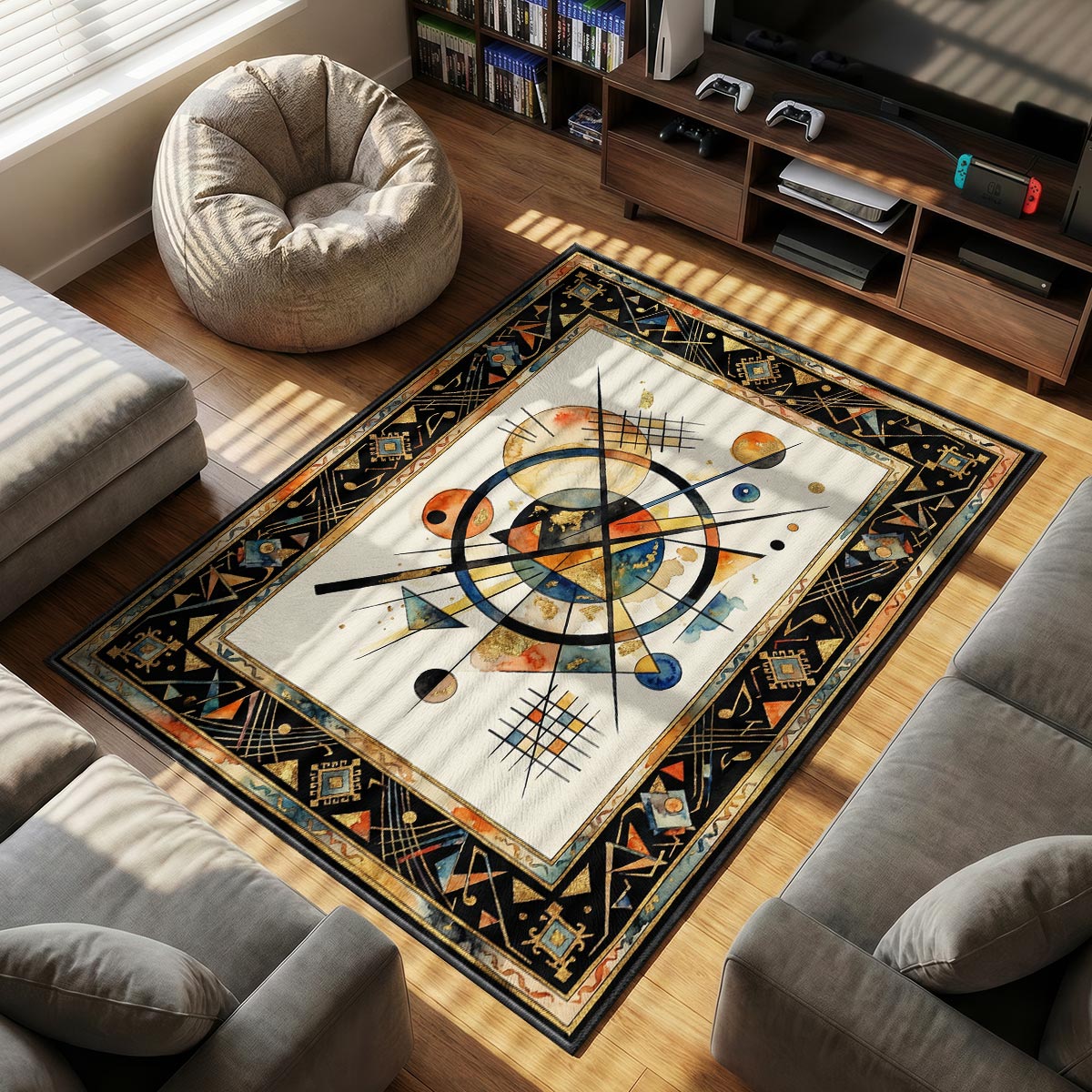 Close-up of geometric composition rug showing intersecting line and gold triangle detail on velvet