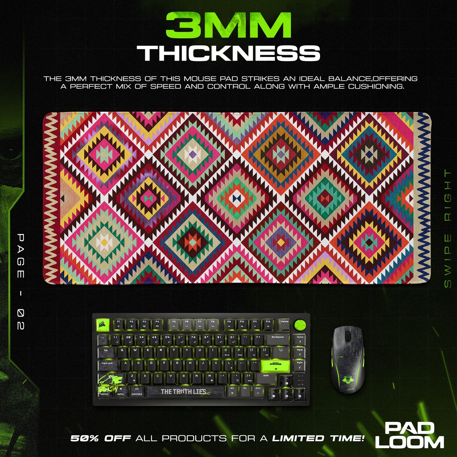 Geometric Rainbow Diamond Mouse Pad, Artistic Gamer Desk Mat Padloom