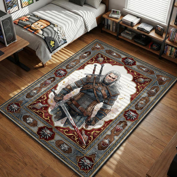 Geralt of Rivia holding bloody silver sword in decorative tarot card border style gaming area rug and floor mat