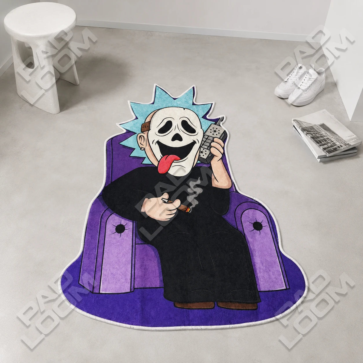 Ghostface Chair shaped rug shown in a room setting