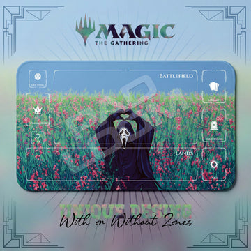 Ghostface Flower Field MTG playmat, blue and green art with play zones, 24 x 14 in