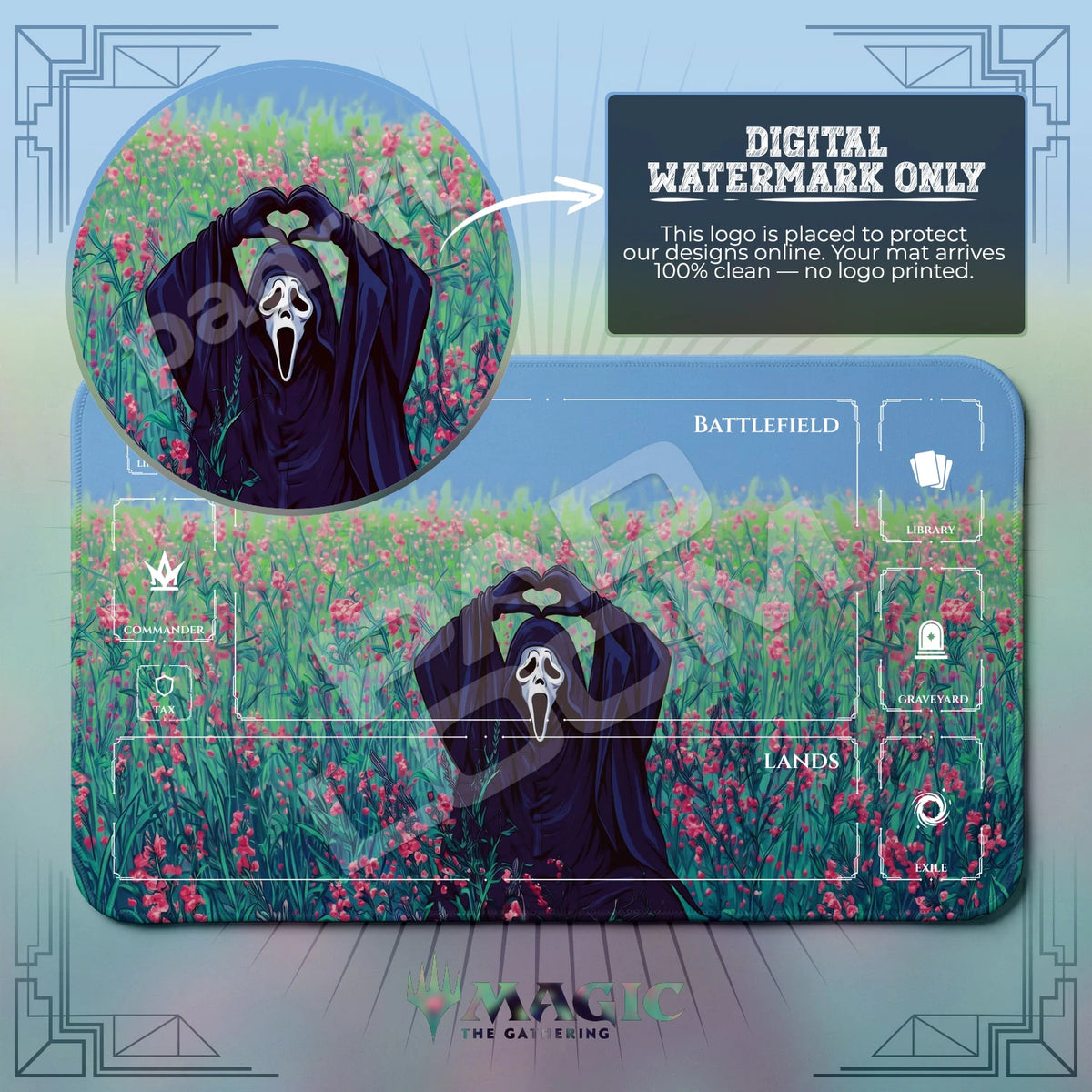 Ghostface Flower Field MTG playmat with zones; the Padloom watermark is digital only, not printed
