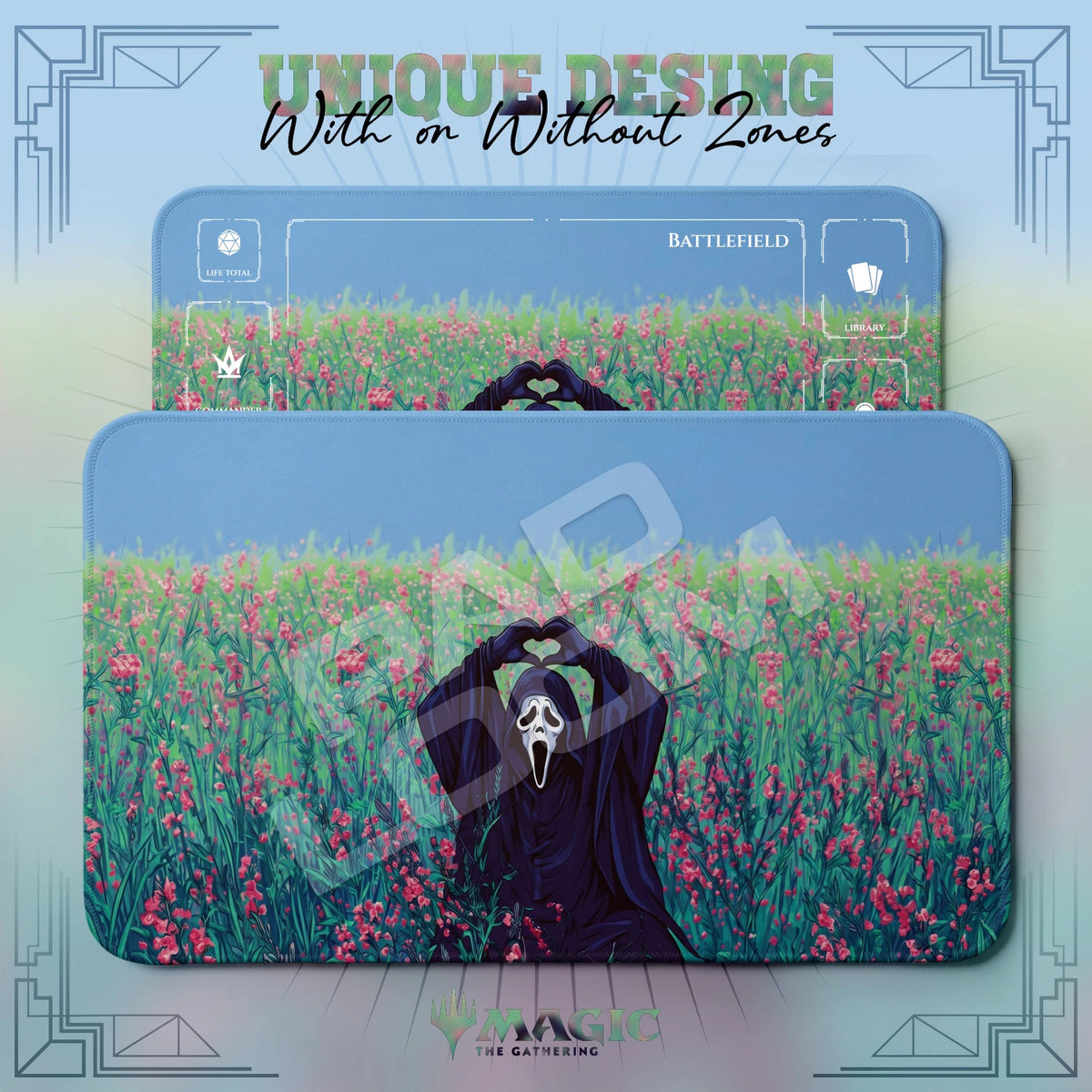 Ghostface Flower Field MTG playmat shown with zones and without zones