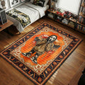 Ghostface Nike baroque rug with orange center, navy scroll border, and dripping sneaker boxes motif