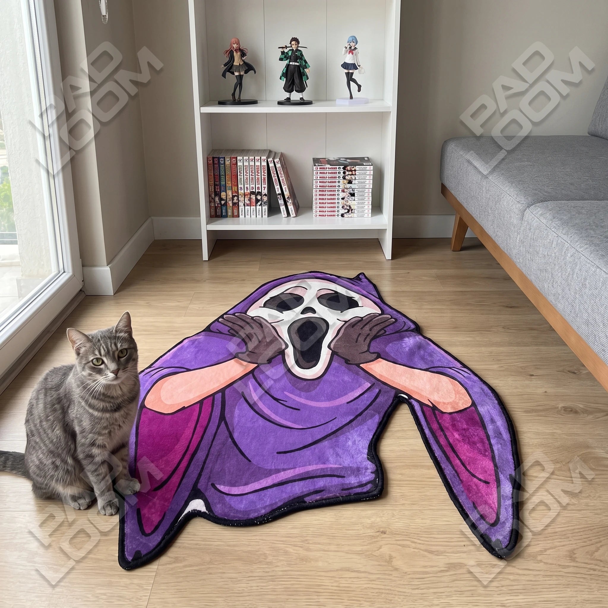 Ghostface shaped rug shown in a room setting