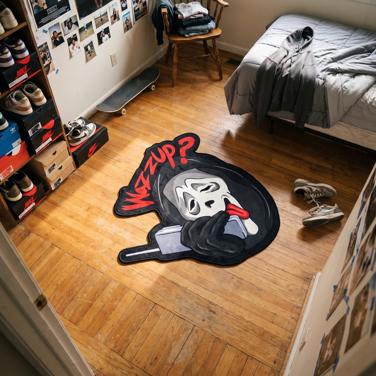 Angled overhead view of the Ghostface Wazzup shaped area rug in a bedroom