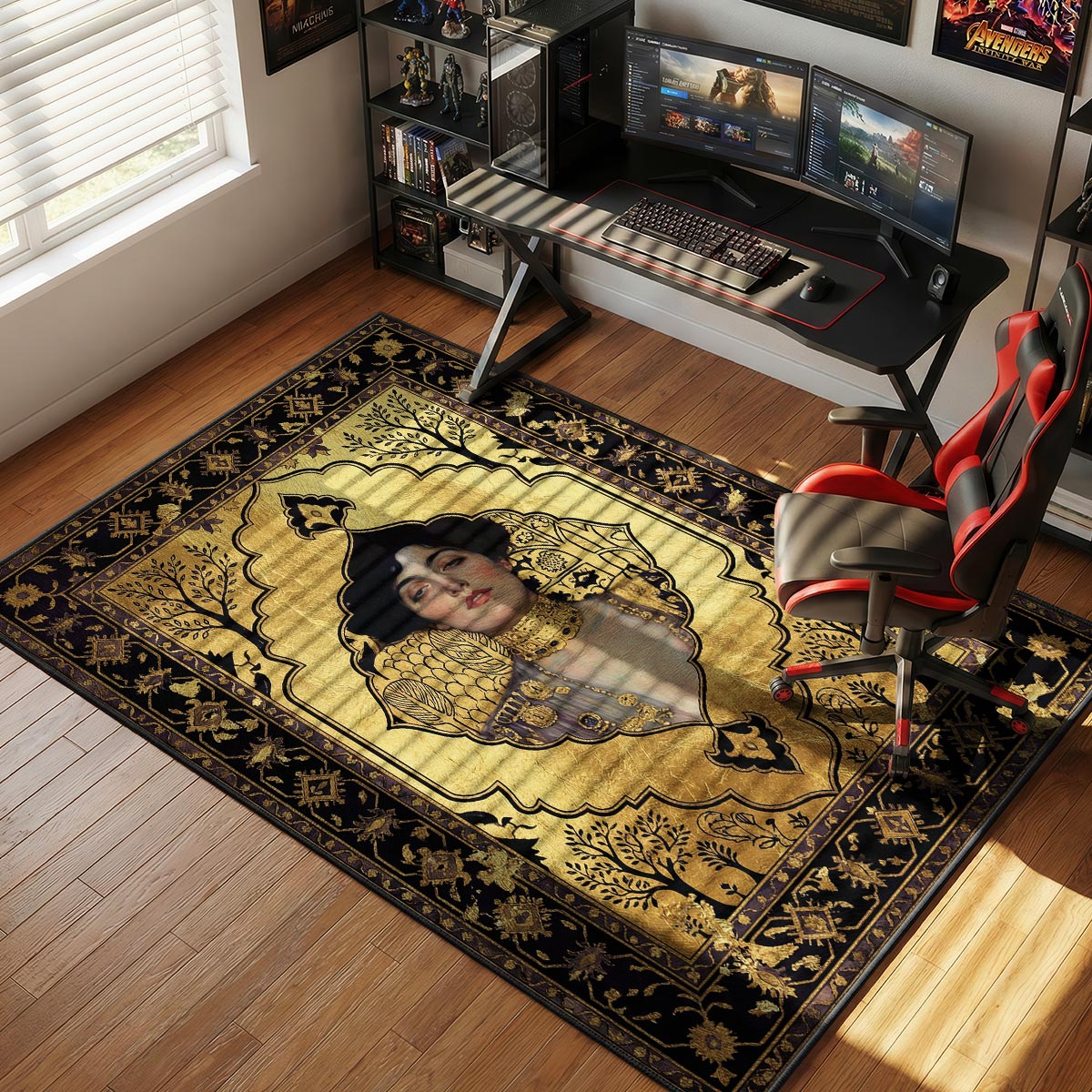 Gold portrait rug placed in a living room with dark walls and warm ambient pendant lighting