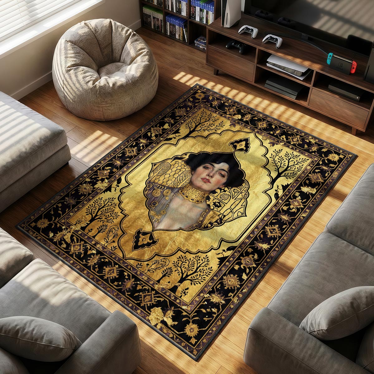 Close-up of gilded empress rug showing gold-leaf texture and jewelry detail on smooth velvet surface