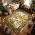 Gilded mosaic mountain area rug with gold geometric tiles and silver river on braided border