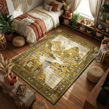Gilded mosaic mountain area rug with gold geometric tiles and silver river on braided border