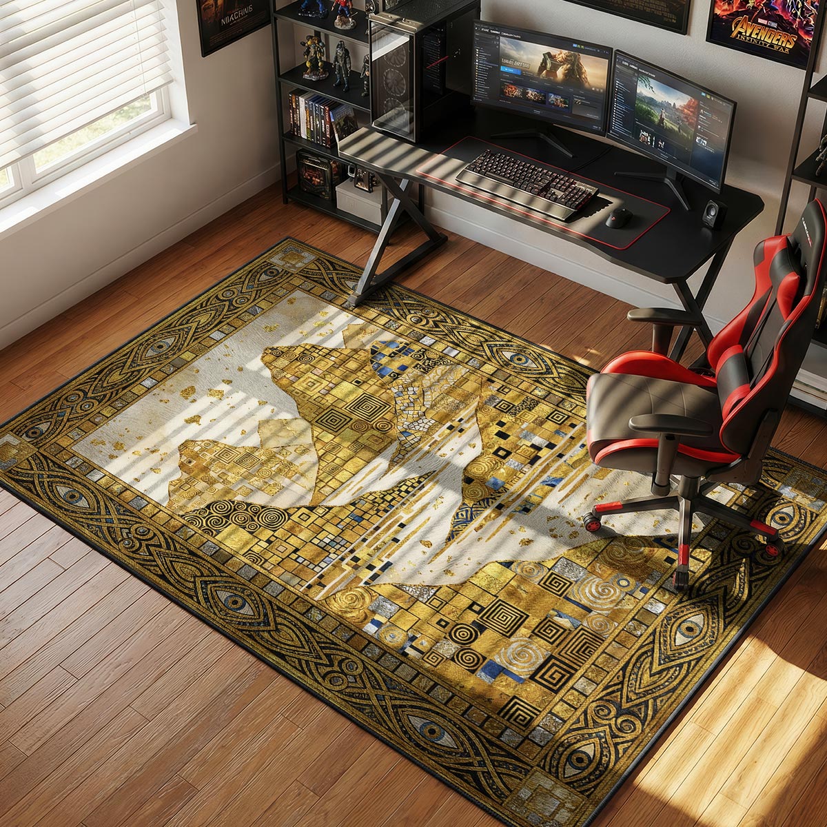 Klimt-inspired gold mountain rug placed in a modern living room with glass table and brass fixtures