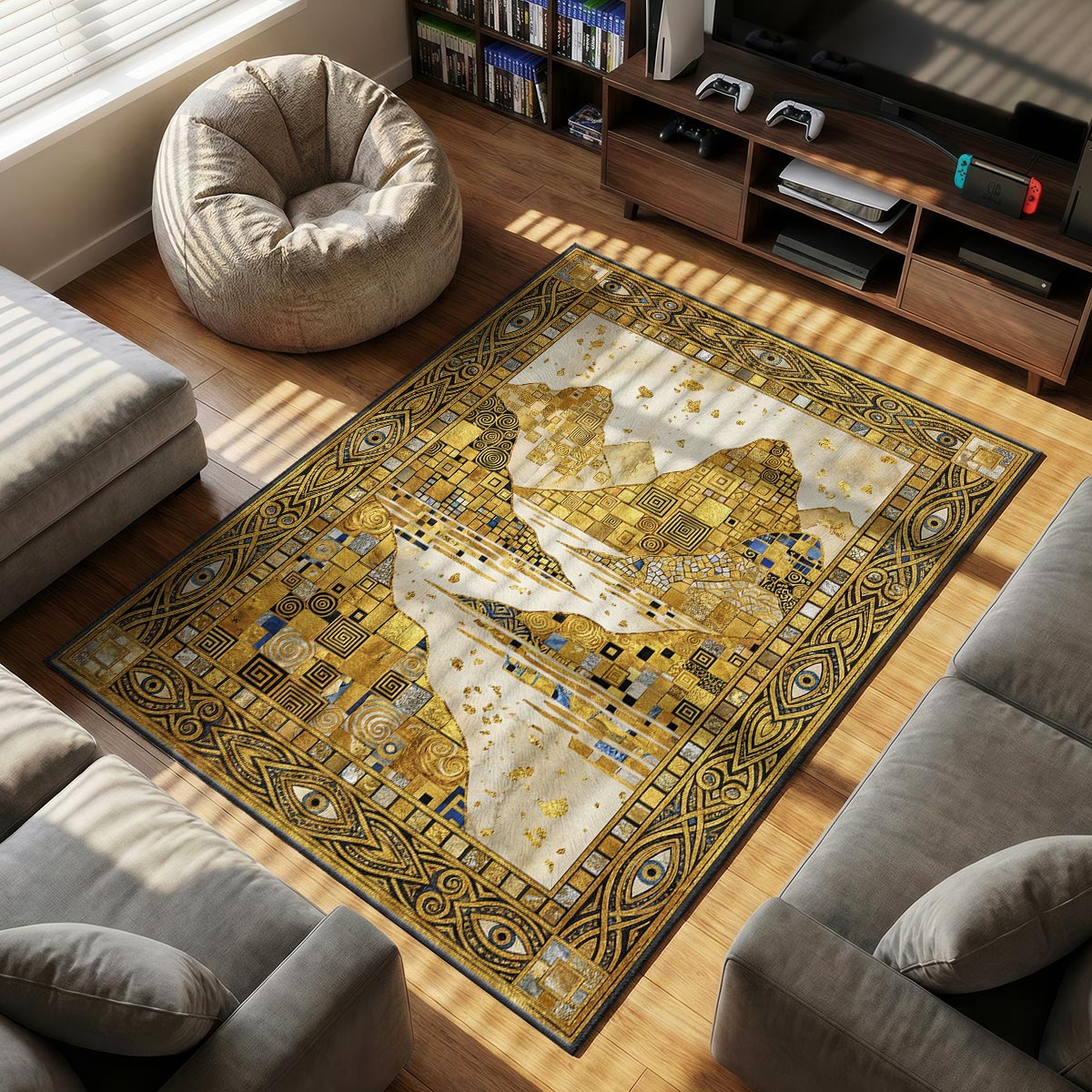 Close-up of gilded mountain mosaic rug showing spiral tile detail and velvet surface texture