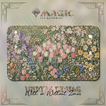 Gilded Tulip Garden MTG playmat, yellow and beige art with play zones, 24 x 14 in