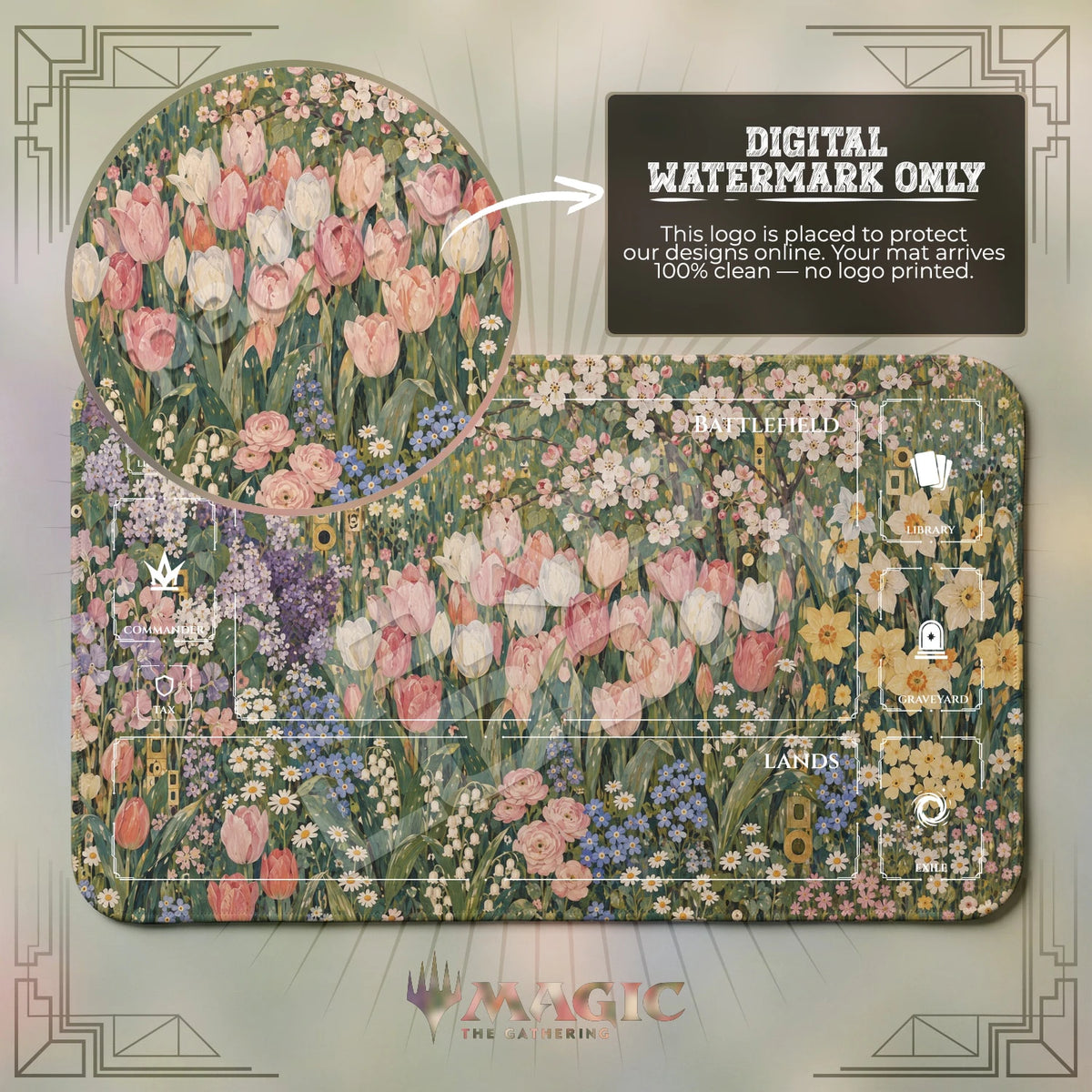 Gilded Tulip Garden MTG playmat with zones; the Padloom watermark is digital only, not printed