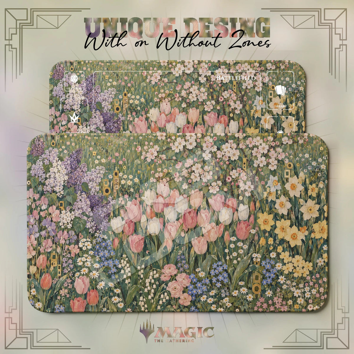 Gilded Tulip Garden MTG playmat shown with zones and without zones