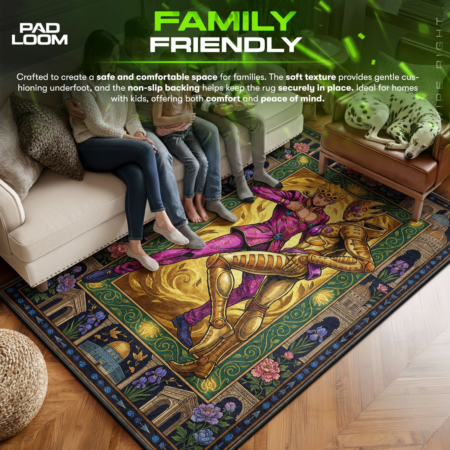 Giorno area rug showing full home decor artwork