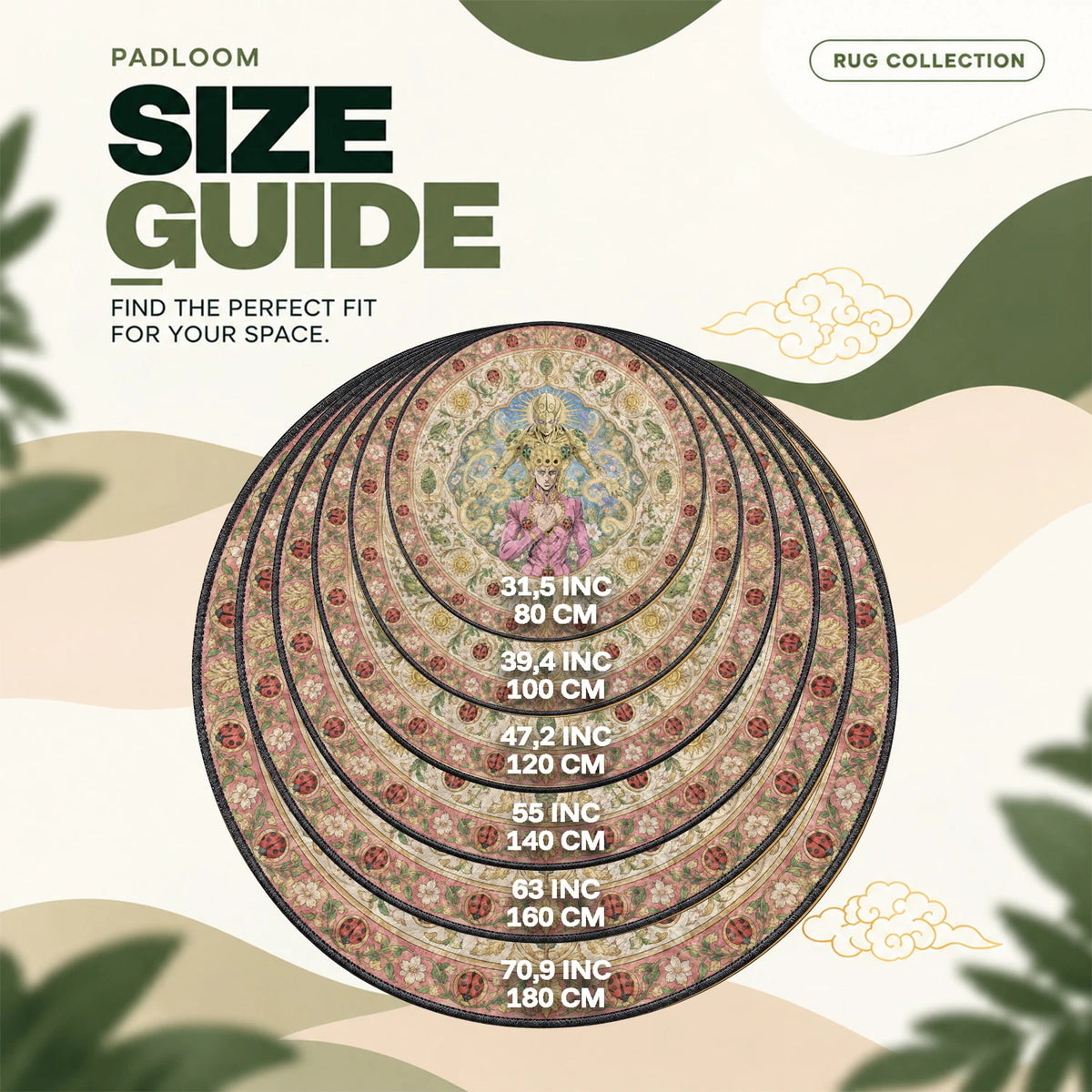 Giorno Ladybug round rug size guide, 80 to 180 cm (31.5 to 70.9 in)