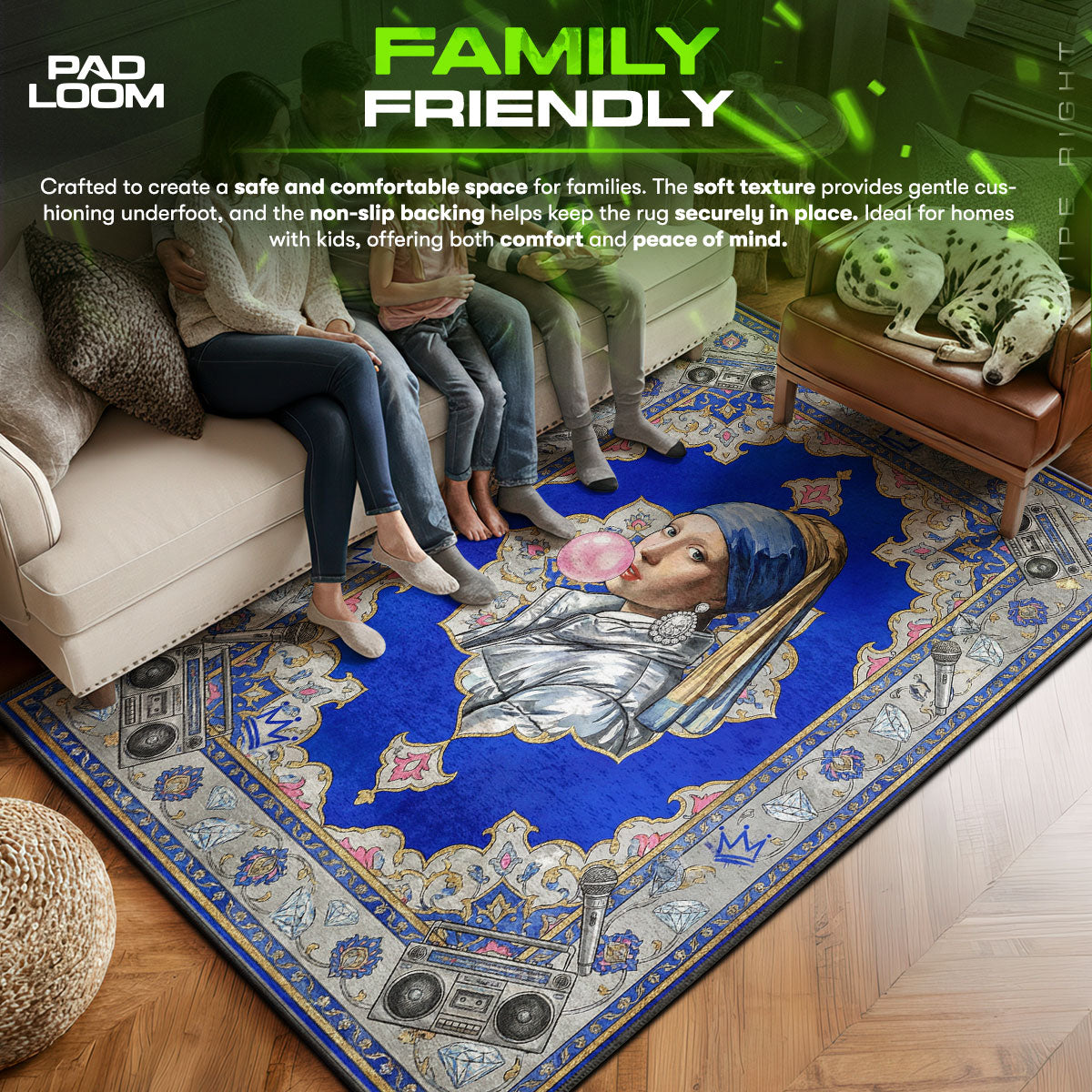 Pearl area rug showing full home decor artwork