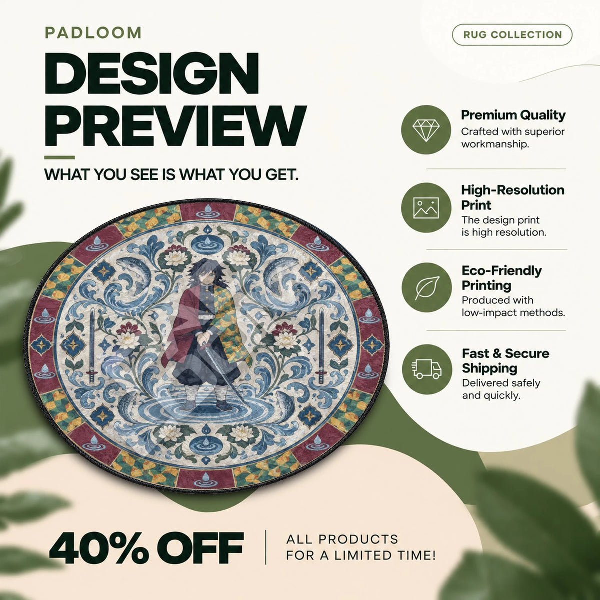 Giyu Water Demon Slayer round rug full design preview